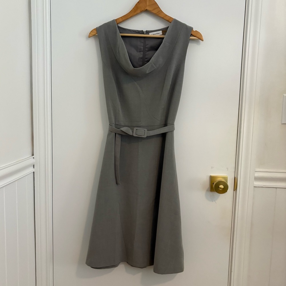 Calvin Klein Sleeveless Cowl Neck Belted A-Line Dress in Grey Size 4